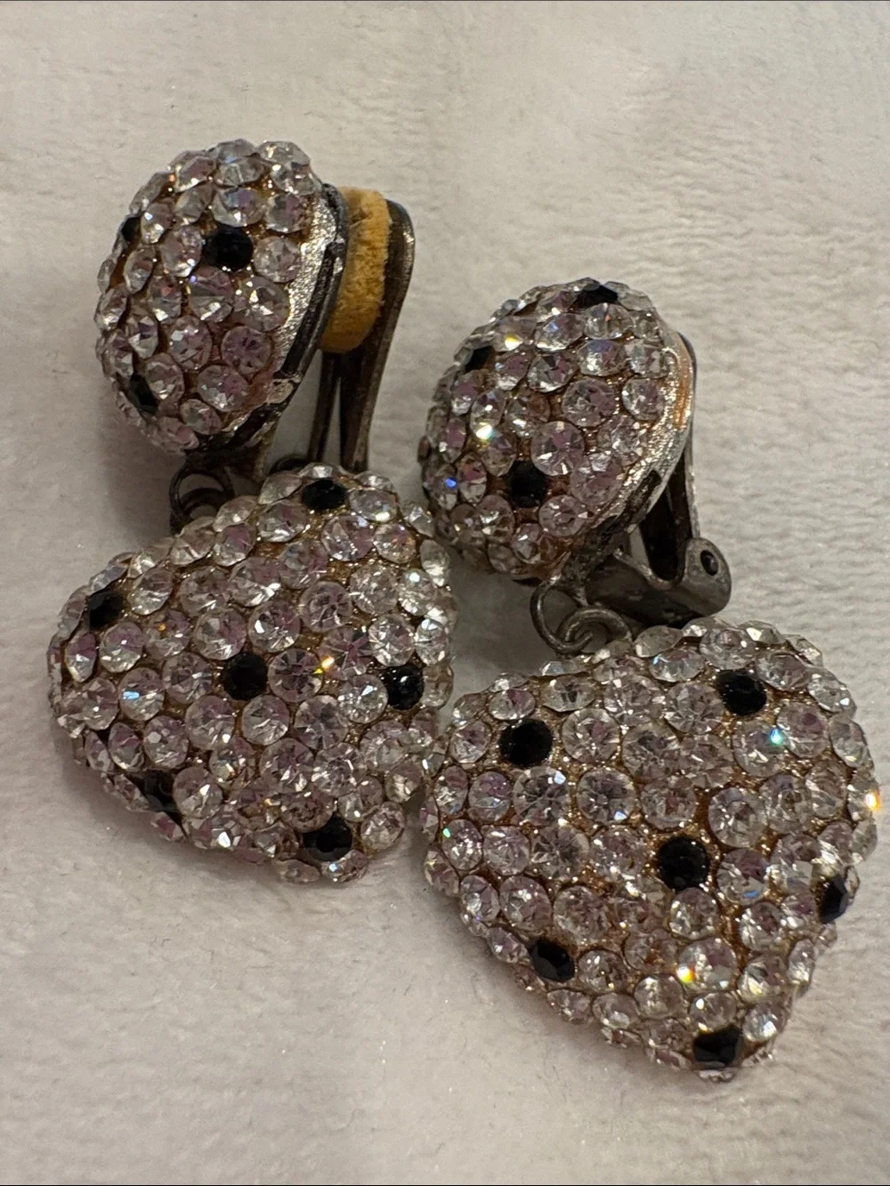 Vintage Black & Clear Drop heart Crystal Earrings New Clip
